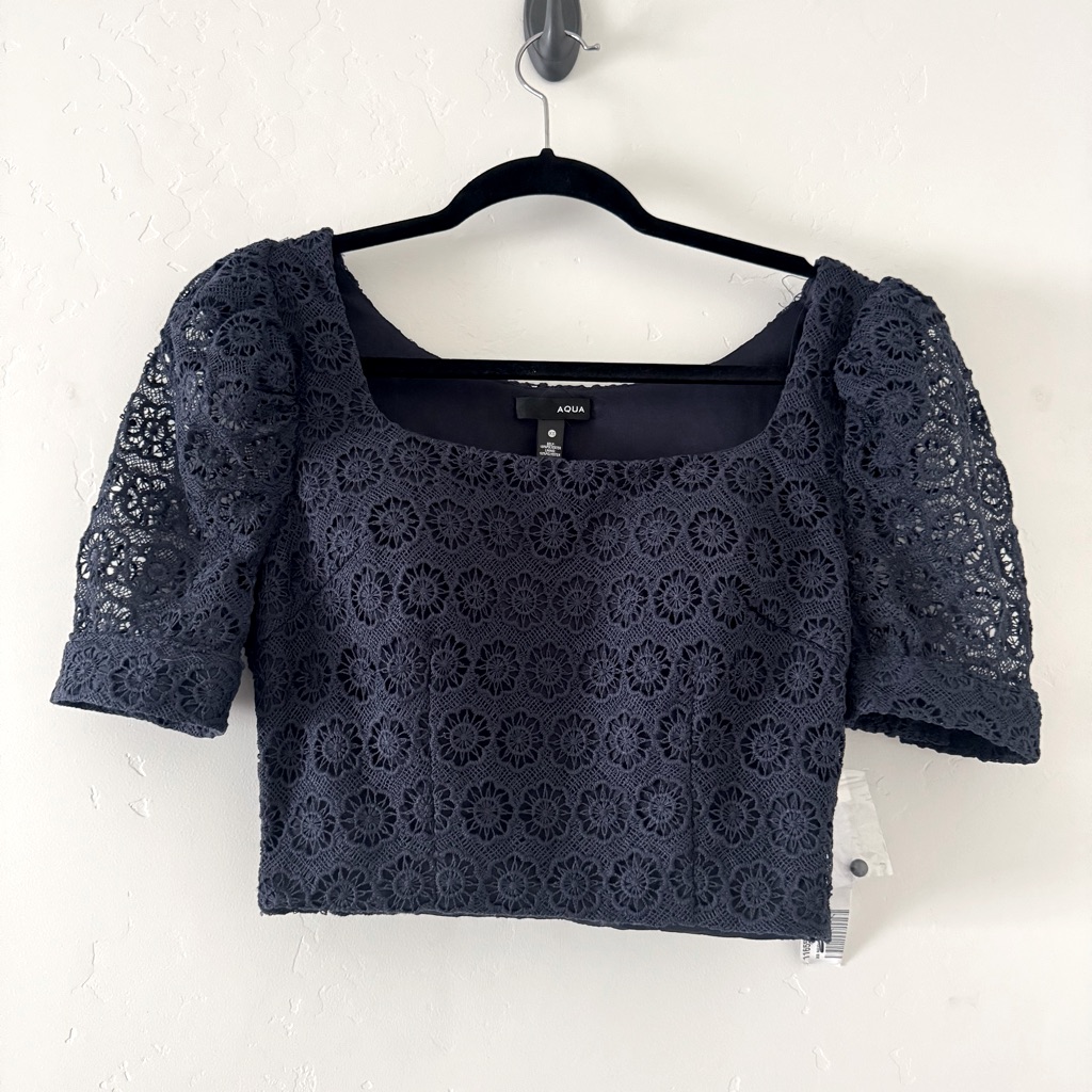 Nwt Aqua Lace Short Sleeve Floral Lace Cropped Top Size Xs Navy Blue Cottagecore